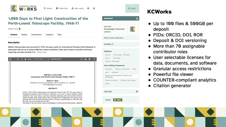 screenshot and datapoints on KCWorks