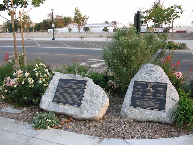 decorative boulders bearing plaques