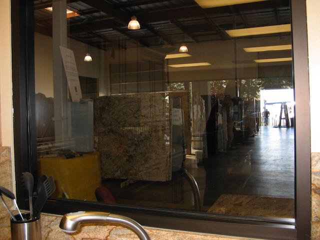 a granite warehouse through a window