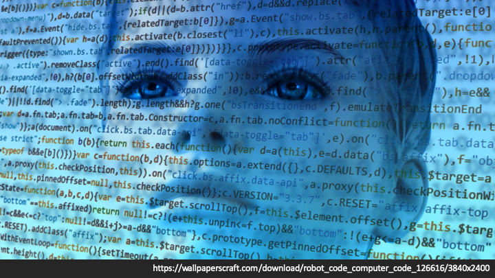 Code over a cyborg face