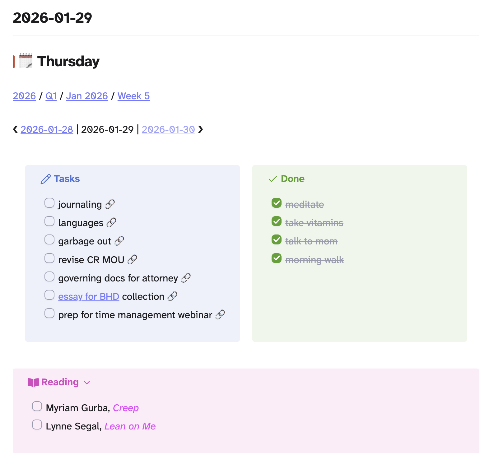 Screenshot of today’s events and tasks