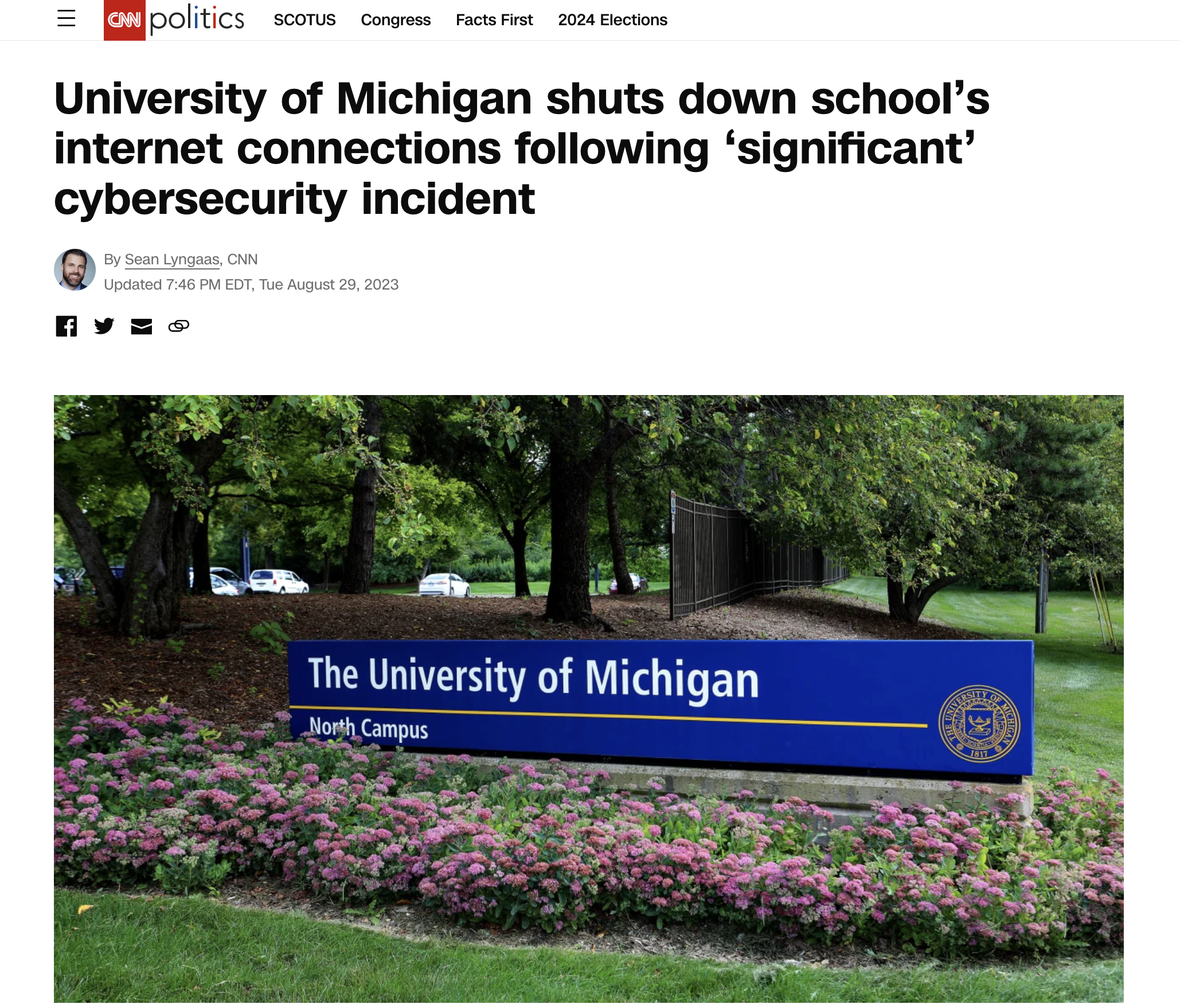 Screenshot from CNN: U Michigan shuts down internet connections