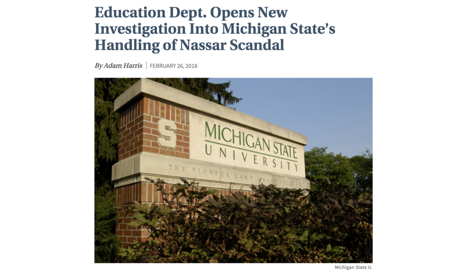 Headline: Education Dept Opens New Investigation Into Michigan State's Handling of Nassar Scandal