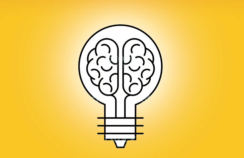 Yellow background with a drawing of a lightbulb whose filament is shaped like a brain