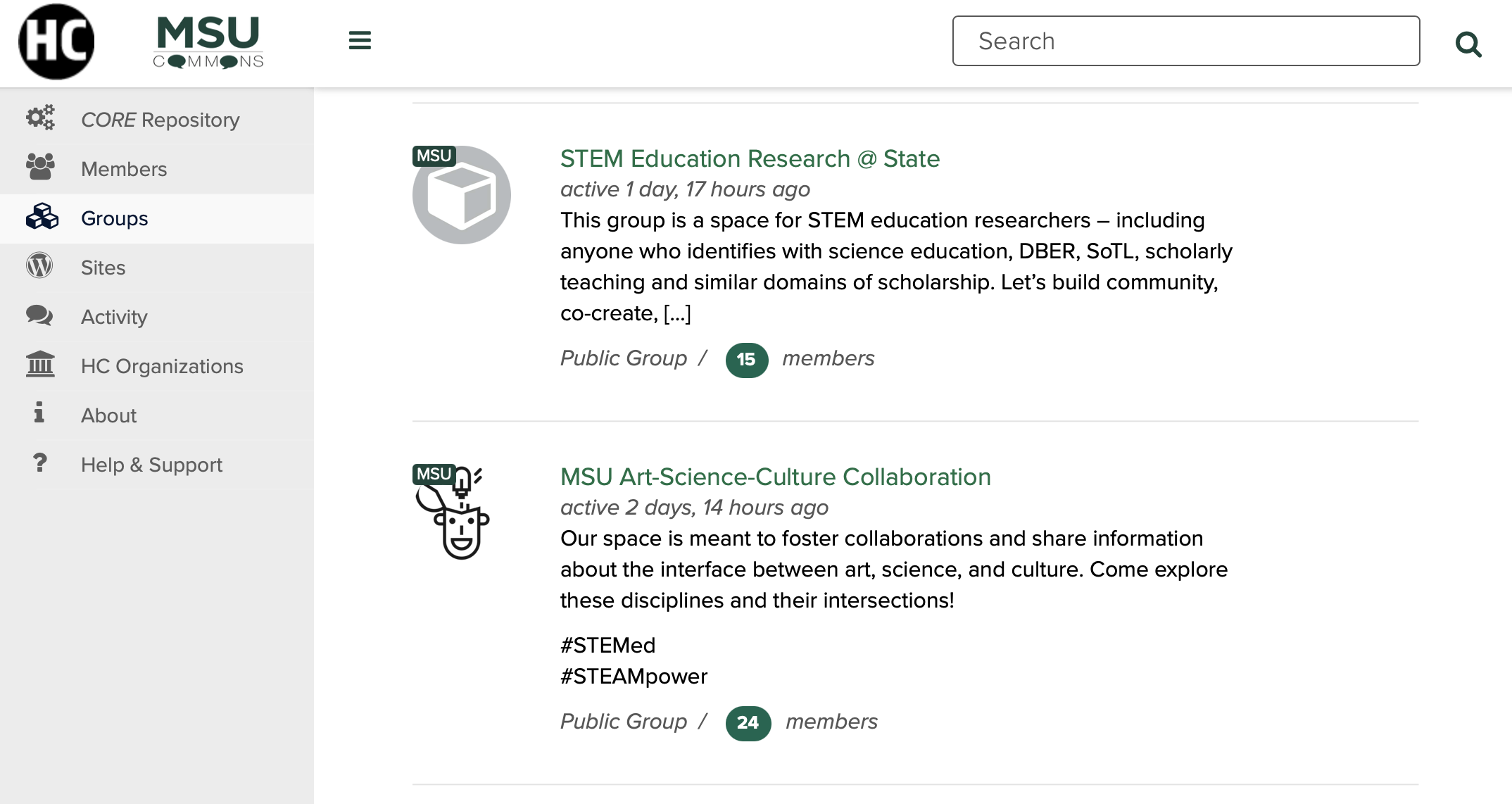 Screenshot of MSU Commons STEM groups