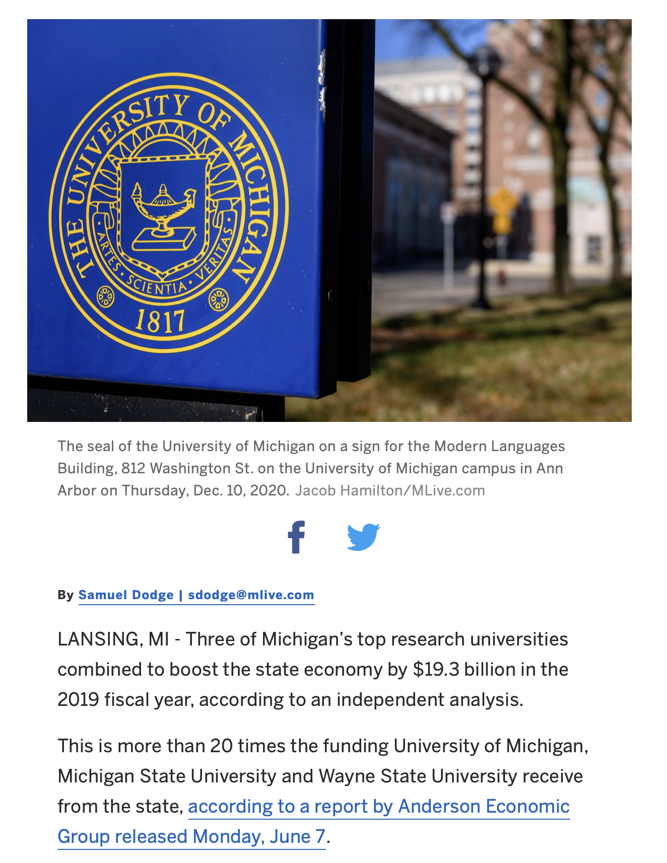 screenshot from MLive story