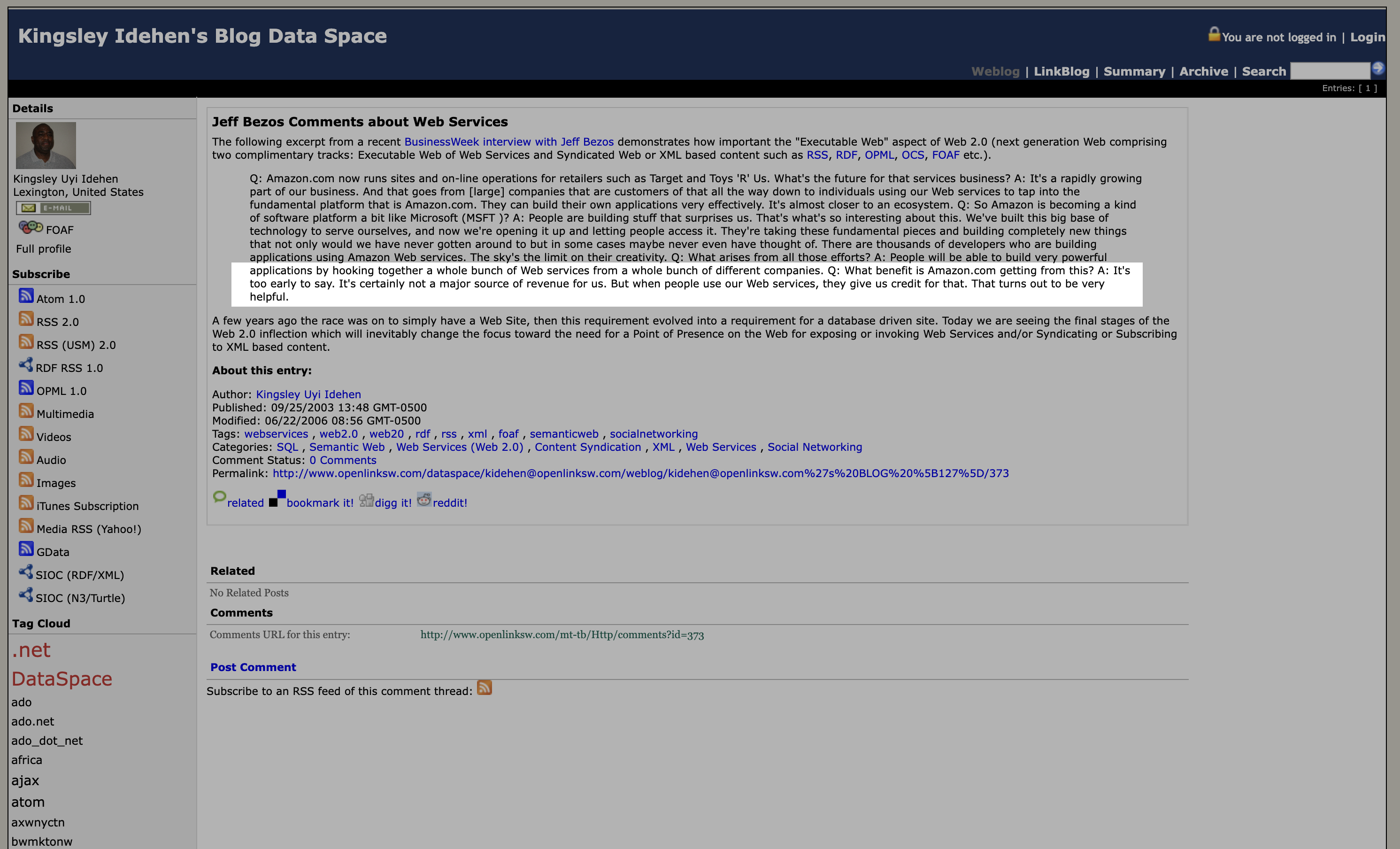 Screenshot highlighting passage in Idehen, Jeff Bezos Comments