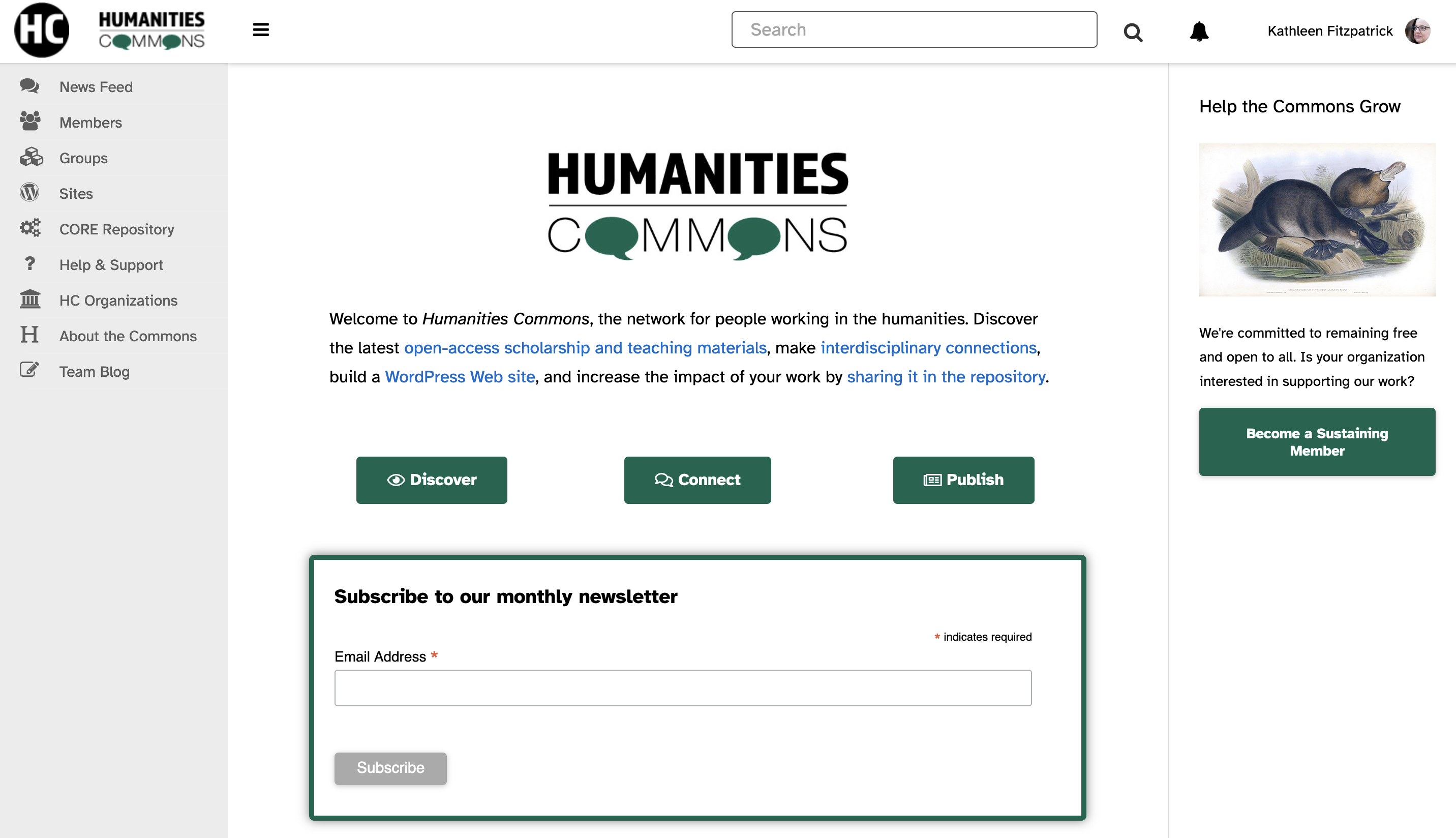 Screenshot of Humanities Commons front page