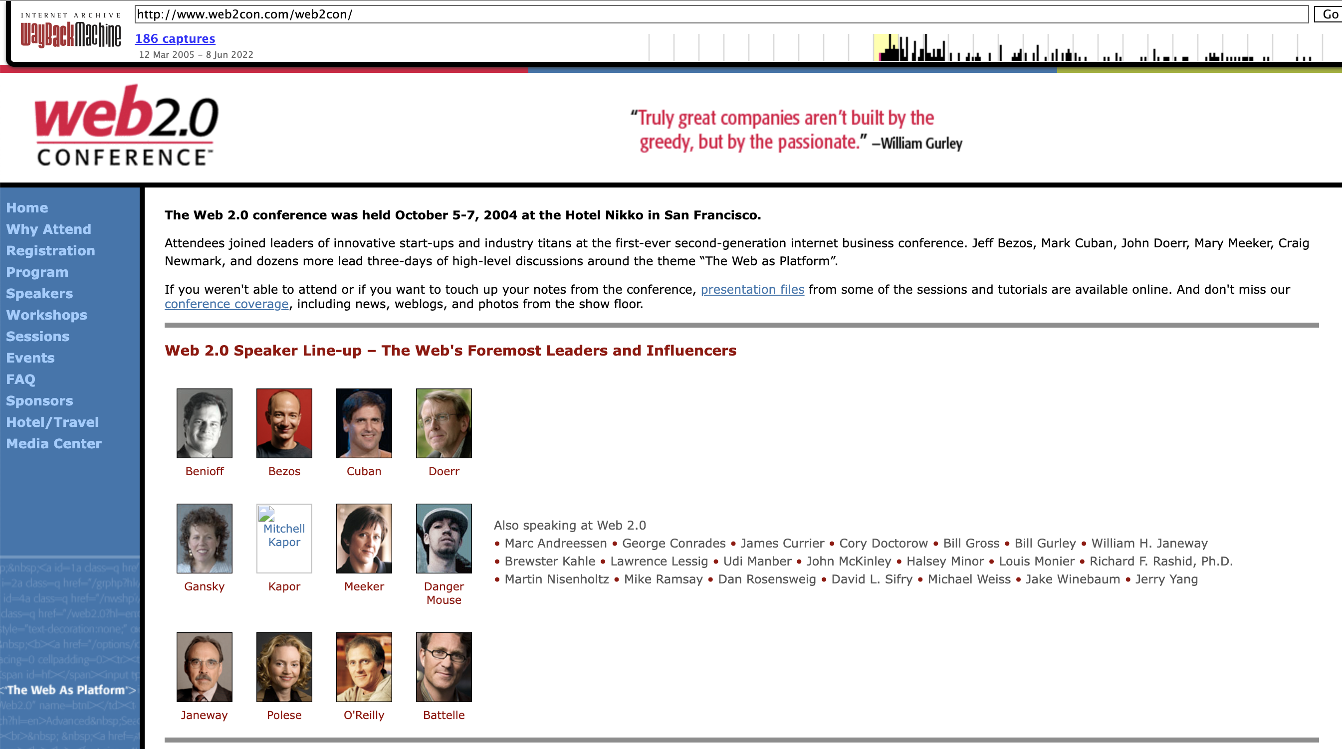 Screenshot of wayback machine version of web2con site