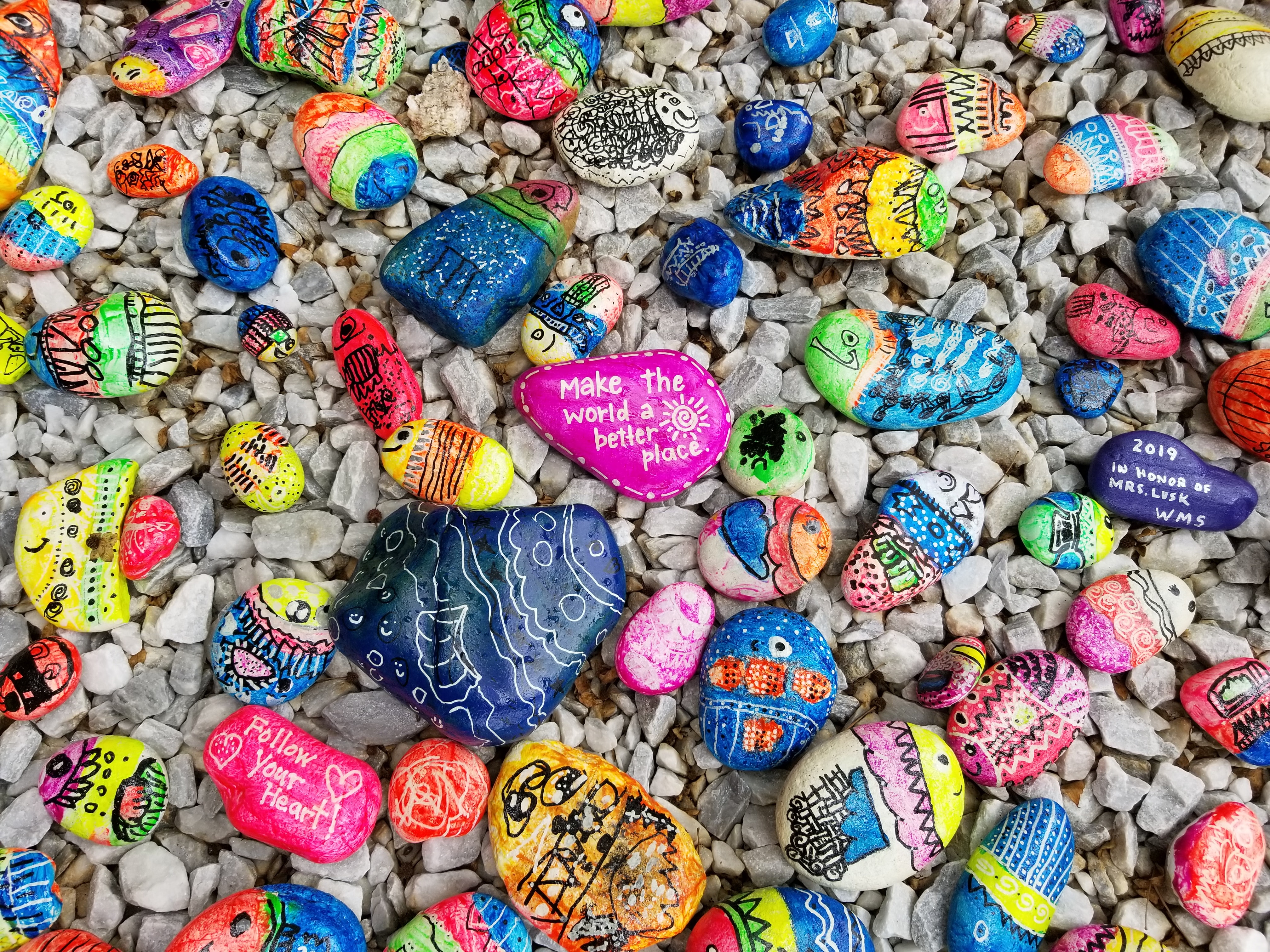 painted pebbles, one reading "make the world a better place"