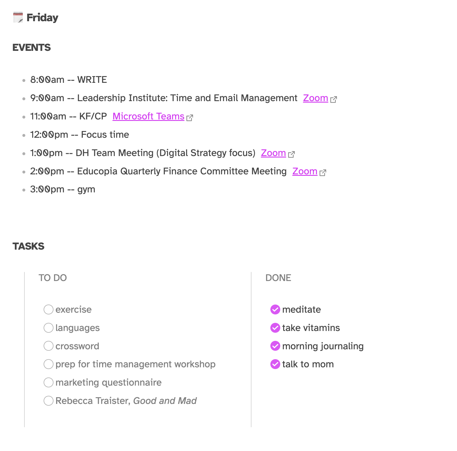 Screenshot of today’s events and tasks