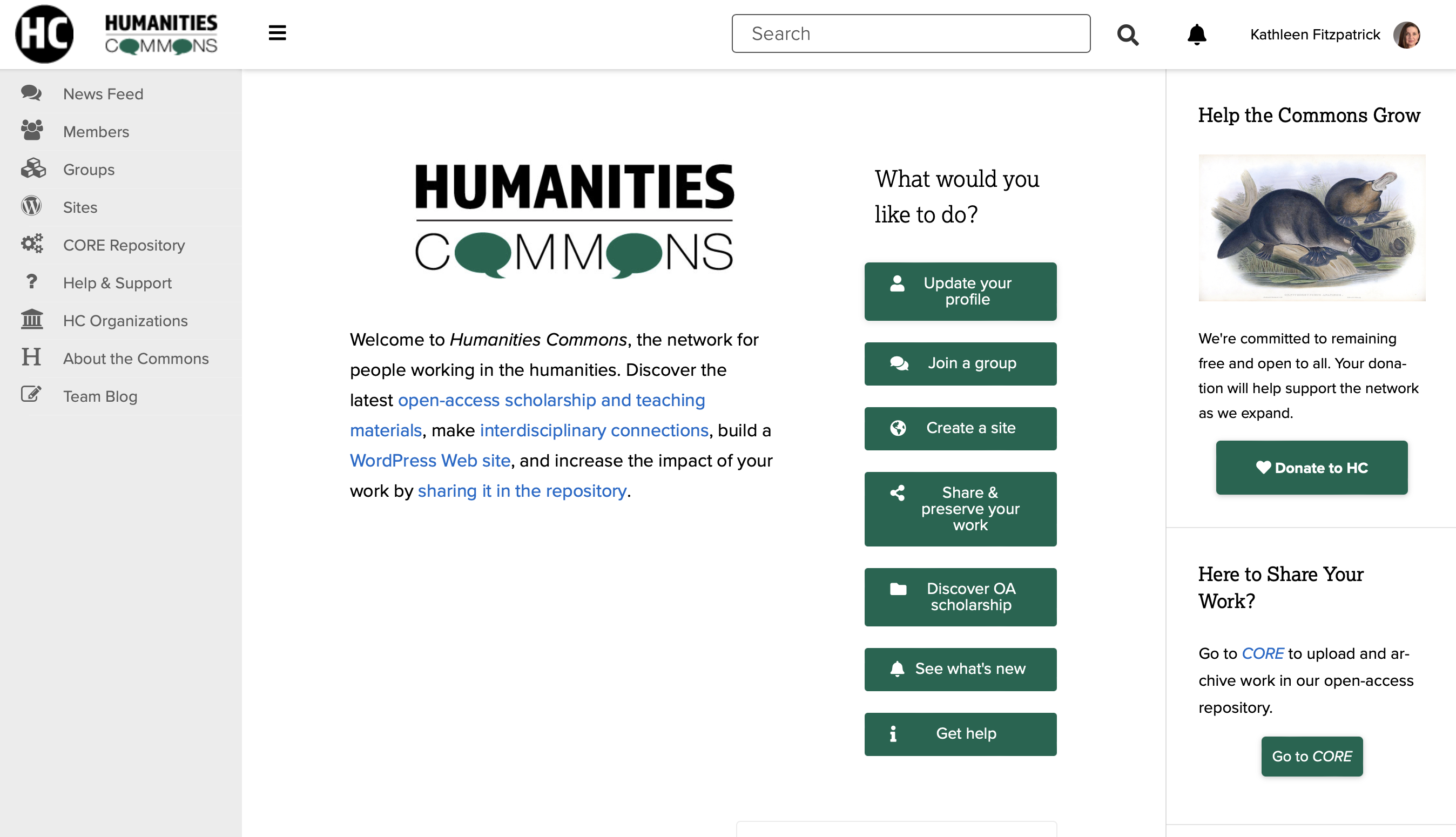Screenshot of Humanities Commons front page