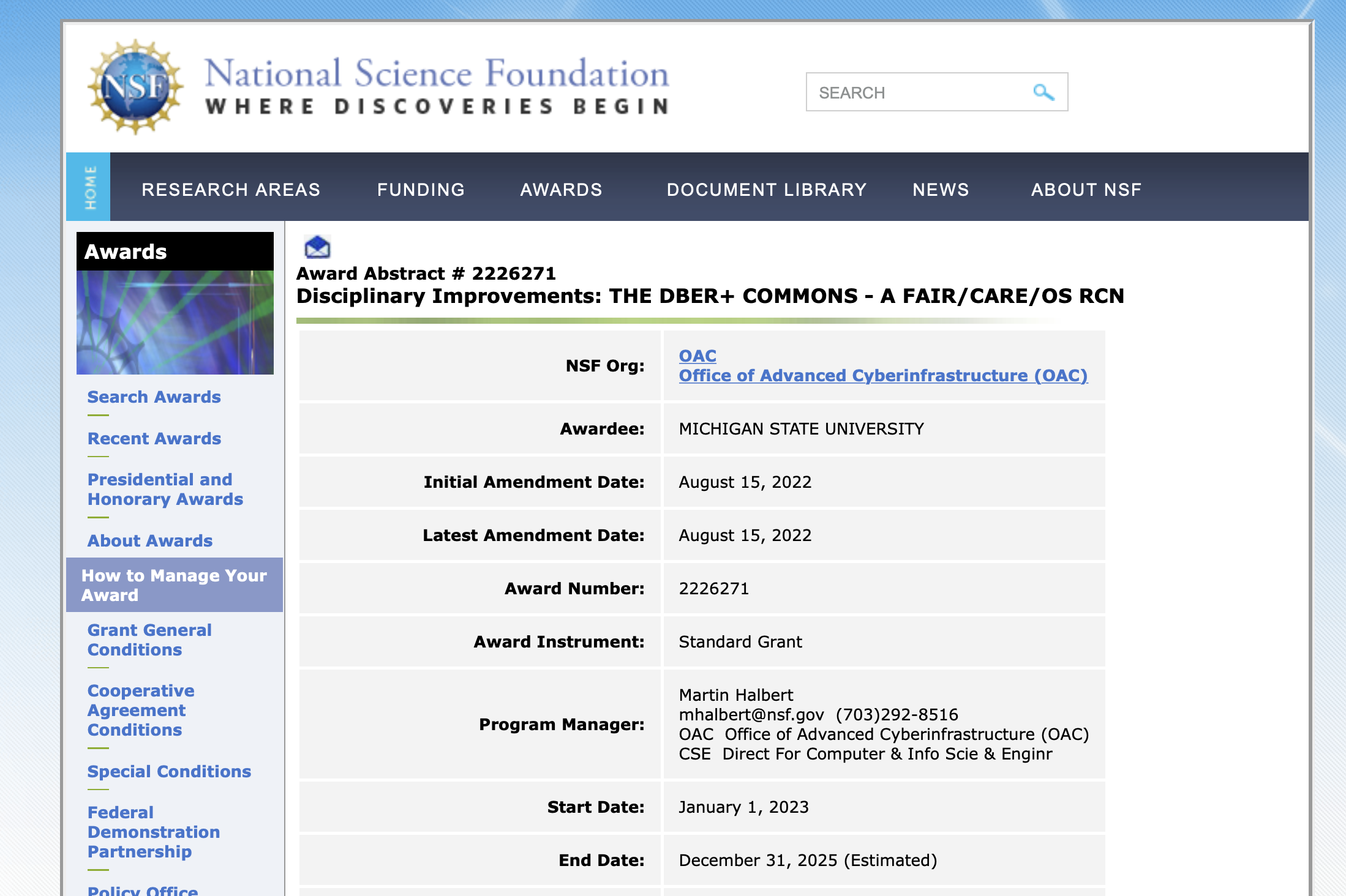 Screenshot of NSF grant award record